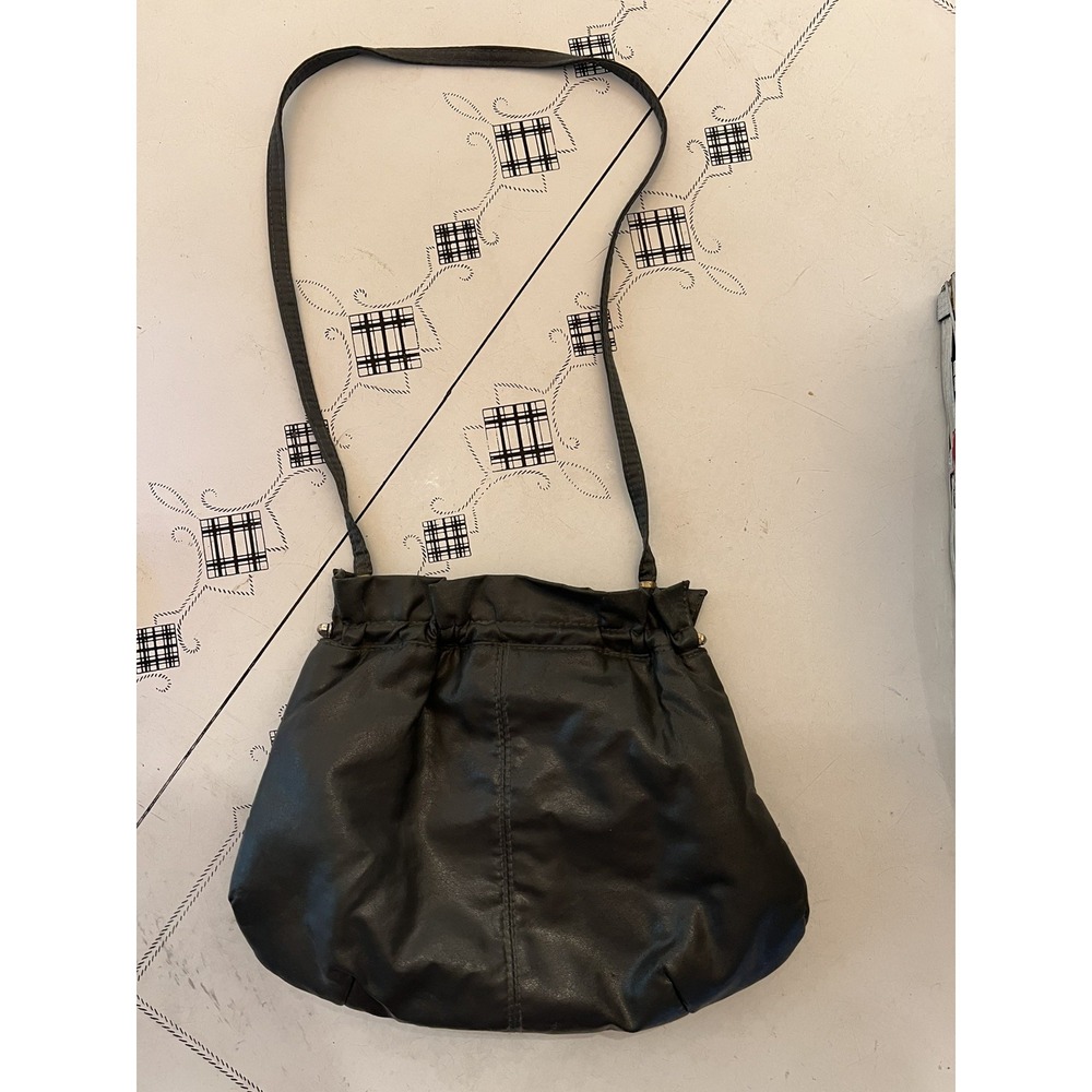 Vintage Gray Leather Handbag Kiss Lock Frame Hobo Shoulder Bag Ruched Top